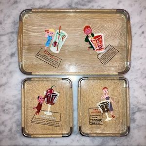 Vintage 1950s Wood Cocktail Tray Set of 3 Mid Century Modern
